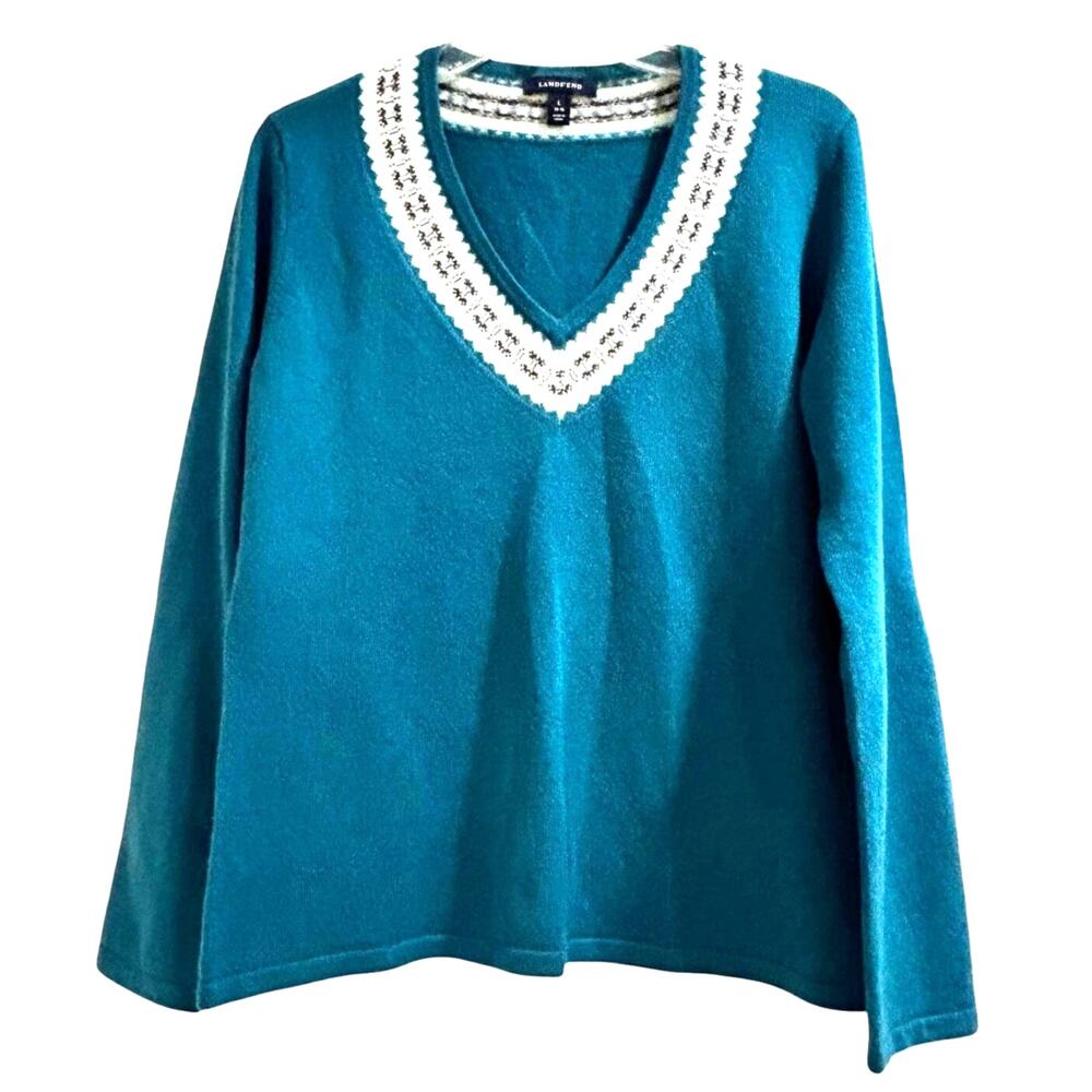 Lands End sweater v-neck pullover size L fair isle 100% Cashmere teal green blue